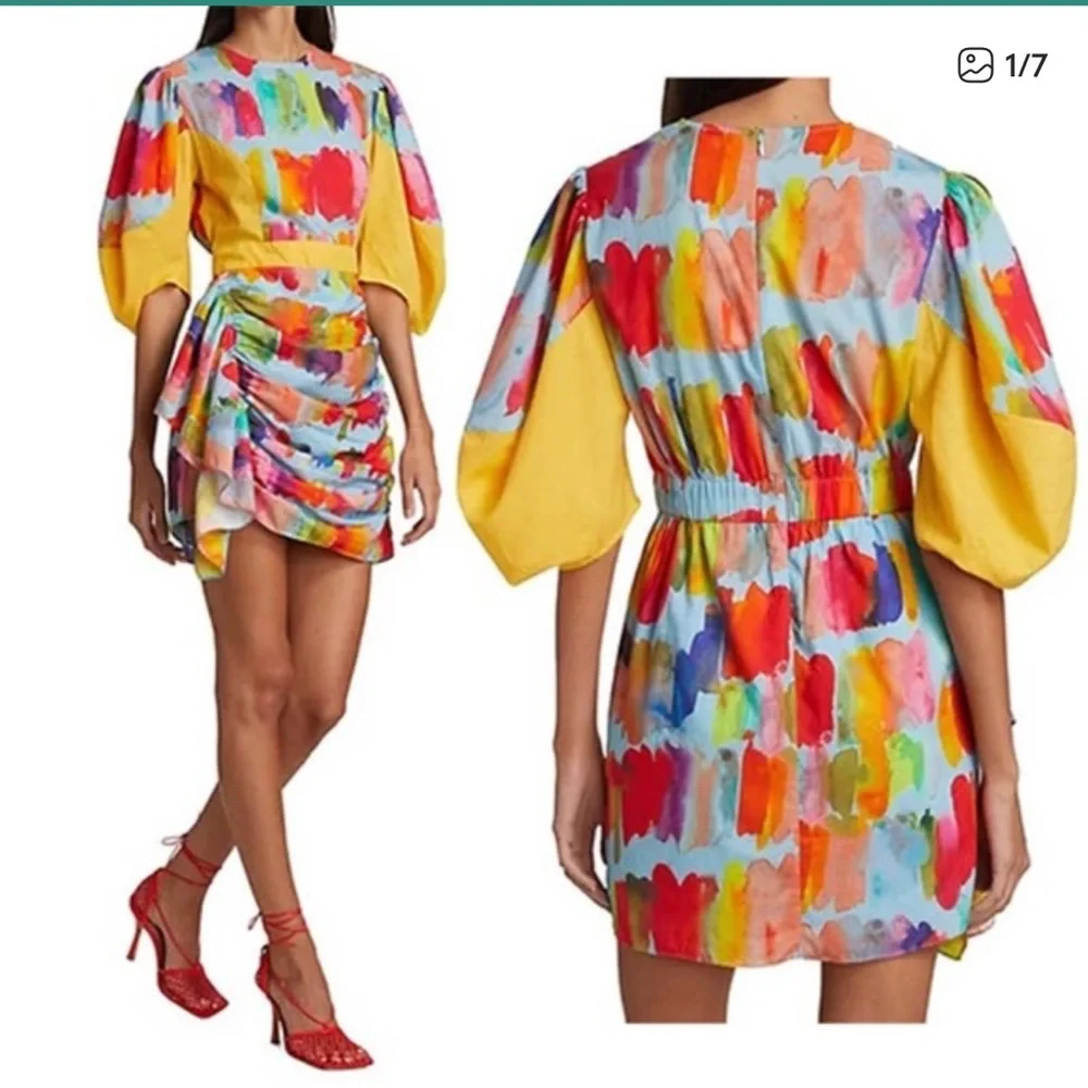 Rhode Pia Mini Dress Puff-Sleeve Brush Strokes Multicolor Water Small XS - Picture 1 of 7